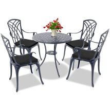 Centurion Supports Oshowa Luxurious Garden & Patio Table & 4 Large Chairs With Armrests Cast Aluminium Bistro Set - Grey With Black Cushions