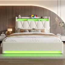 Lit Rembourré 160 X 200 Cm Avec Led, Ports Usb Et Type-c, Tête De Lit Avec Rangement, Coffre Sous Lit Avec Système Hydraulique, Beige, Sans Matelas