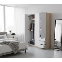 Armario Low Cost 3 Puertas 3 Cajones Blanco Artik (blanco Mate) - Roble Canadian 121cm(armario)/35cm(cajón) (ancho) X 180cm(armario)/13cm(cajón) (alto