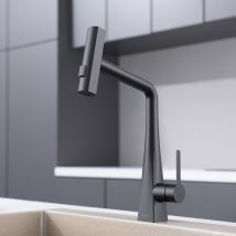 Küchenarmatur Mit Ausziehbarer Brause Und Schwenkbarem Auslauf, Drei Strahlarten, Mischbatterie Mit Ausziehbarer Brause, 360° Schwenkbar, Schwarz