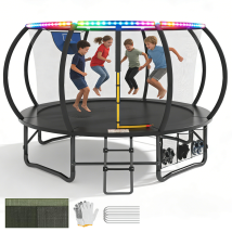 Trampoline Extérieur Enfant Diamètre 427cm, Avec Bande Rgb, Trampoline De Jardin Robuste, Cadre En Acier Galvanisé Avec Sac De Rangement, Pour Enfants