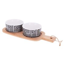 Vassoio con doppia ciotola in bambù – 25 cm x 10 cm – Ciotole in ceramica – Accessorio da tavola elegante