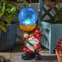Lampe solaire – Nain de jardin 41 cm – Globe en verre craquelé – Polyrésine peinte à la main – Éclairage RGB et blanc – 3 lumens