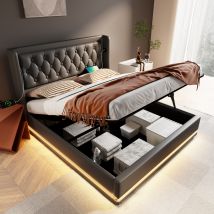 Lit Adulte Double Rangement Led 140x200 Pu Noir Okmyhome
