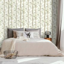 Green Woodland Tree Wallpaper Squirrel Birds Gold Metallic Non-woven Grizedale