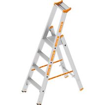Layher – Escalera de tijera de aluminio 4 peldaños 1700 mm 250 kg antideslizante plegable con bandeja