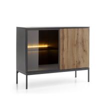 Sideboard 104 Cm Haller - Kommode Mit 2 Türen - Led-beleuchtung, Holzbeinen, Lamellen - Loft Stil (wotan Eiche / Schwarz)