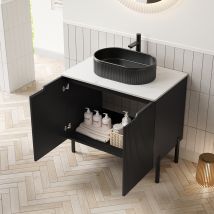 Meuble De Salle De Bain 76 Cm Avec Lavabo Ovale En Céramique Rayée Et Meuble 2 Portes Rayé - Noir