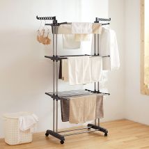 AQRAU Tendederos de colgar Plegable 3 Estantes 75-126x64x170cm 35kg Plástico y Acero