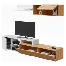 Frs - Einbaufertige Wand Miami, Tv-ständer Für Wohnzimmer, Wohnzimmerkomposition Mit Wohnwand Und Regal, Cm 220x40h44, Asteffekt Eiche Und Weiß