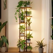 Bamworld - Support Plantes Interieur Avec Lampe - Étagère Plante D'Angle 7 Niveaux Bois Et Métal - Support Plante Avec Éclairage Pour Salon Balcon 