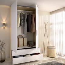 Armario Montclare De 2 Puertas, Ropero Dormitorio, Perchero, 2 Cajones, Un Estante, 51x204h Cm Blanco