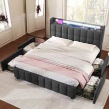 Lit Avec Tiroirs Lit Double, Usb, Prises, Led Et 4 Tiroirs 140×200 Cm, Sans Matelas, Gris