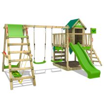 Parque Infantil De Madera Jazzyjungle Con Columpio Surfswing Y Tobogán Casa De Juegos De Jardín Con Arenero Y Escalera Para Niños - Verde Manzana - 
