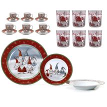 Servizio Di Piatti Completo Di Bicchieri E Tazzine Per 6 Posti Tavola Di Natale Con Motivi Natalizi Babbo Natale Con Cappello Gnomi Rossi Addobbi Idea