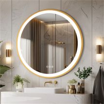 Espejo De Baño Led Redondo Con Interruptor Táctil, Espejo De Pared Iluminado Con Marco De Aluminio Dorado, 3 Colores De Luz Y Brillo Ajustable, 