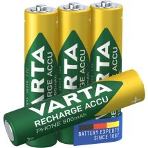 Varta Pile Aaa, Ricaricabili, Confezione Da 4, Recharge Accu Phone, Batteria Ricaricabile, 800 Mah Ni-mh, Pronte All'uso, Adatte Per Telefoni Cordless
