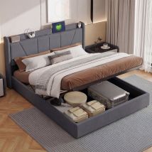 Chambre Complete Adulte,sommier 160x200,lit Deux Place,lit Coffre 160x200,lit Capitonné,rangement,ports Usb Et Type-c,lin,gris