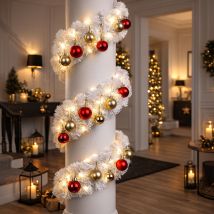 Guirlande De Noël Guirlande De Noël Blanche Guirlande De Sapin Avec Éclairage 5m, Ip44 Intérieur Extérieur, 36 Boules De Sapin De Noël Or Rouge, Led 