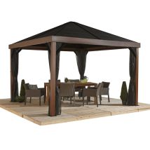 Sojag Aluminium Pavillon Valencia 1212 Inkl. Moskitonetz Holzoptik Braun 363x363x310 Cm