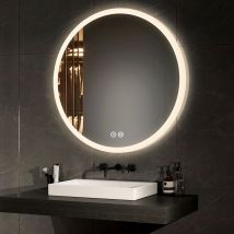 Emke - Espejo De Baño Redondo Led Con Interruptor Táctil, Antivaho, 3 Colores, Regulable, Función Memoria, Diámetro 80 Cm