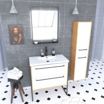 Aurlane - Mobile Da Bagno 80cm, Lavabo Bianco, Specchio Led E Colonna - Rovere E Bianco - Structura