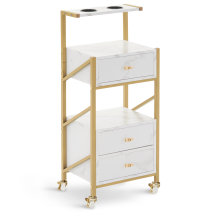 M Mcombo Friseurwagen Mit Rollen & 3 Schubladen, Rollwagen Servierwagen Weiß-gold, Salon Trolley Mit 2 Ablagen & 2 Föhnhalter, Moderner Arbeitswagen 