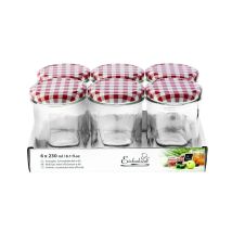 Konfitürengläser Einkochwelt – 6er Tray – 9,5 cm – Spülmaschinenfest – Transparent/Rot/Weiß