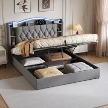 Lit Rembourré Avec Coffre De Lit,lit Double 140 X 200 Cm,avec Sommier À Lattes Et Rangement,led,recharge Sans Fil,usb,velours Gris