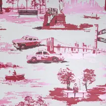 Holden – Red Pink Metallic Wallpaper – New York Landmarks Pattern – 10.05m Length – 0.53m Width – Art Deco Style