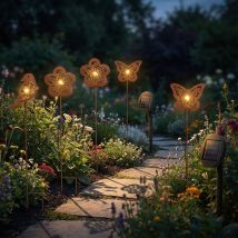 Lampada Solare A Led Picco A Terra Decorazione Giardino Luce Esterna Plug-in, Metallo Ruggine, Fiore, Uccello, Farfalla, Lxh 11 X 45 Cm, Set Di 6