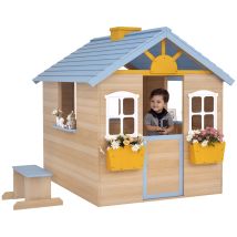 Outsunny Wooden Kids Playhouse W/ Door, Windows, Bench, For 3-7 Years Blue
