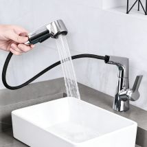 Badarmatur Mit Herausziehbarer Brause, Ultrixe 2 Strahlarten, Anhebbare Waschtischarmatur, Geeignet Für Waschbecken, Heißes Und Kaltes Wasser, Silber