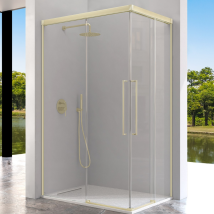 Kassandra Pavía Mampara Angular De Ducha 2 Fijo + 2 Puertas Correderas Oro Cepillado Transparente - Medida: 100x80 Cm - Ref: Ai6073616s200100+