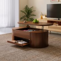 Viyet Table Basse Relevable, Côtés En Bois Courbés, Étagère Extensible, Plateau Relevable, Meuble De Salon Multifonctionnel