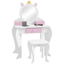 Zonekiz Tocador Infantil Con Taburete Y Espejo, Tocador Para Niñas Con Cajón, Compartimentos, Diseño De Unicornio, Para Niños De 3-6 Años, Blanco