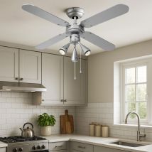 Led Deckenventilator Zugschalter Ventilator Vor-rücklauf Lüfter Wendbare Flügel, Spots Beweglich, Holz Silbergrau/marineblau, 3x Led 3w 220lm Warmweiß