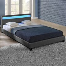 [corium] - Letto Francese Imbottito 140x200 Cm Testiera Alta Con Illuminazione A Led Similpelle - Grigio Scuro Corium