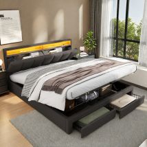 Lit Coffre 160 X 200 Cm, Lit 160x200 Avec Sommier, Lit Adulte Avec 2 Tiroirs Et Led, Cadre De Lit, Avec Tete De Lit, Gris, Lin