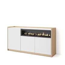 Skraut Home - Aparadores Para Salón, 156x37x80cm, 3 Puertas, Chimenea Eléctrica, Blanco Y Roble Soft