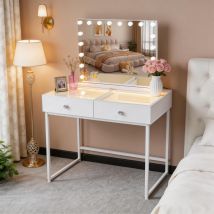 Fenchilin Coiffeuse Avec Éclairage Led,luminosité Réglable, 2 Tiroirs, 100 X 81 X 55 Cm,miroir De Courtoisie Inclus, Blanc