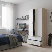 Garderobe Worcester, Schlafzimmerschrank Mit 2 Türen Und 2 Schubladen, Schrank Mit Kleiderbügelstange, Cm 82x52h180, Weiß Und Eiche