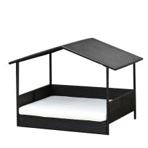 Rattan Hundeliege Outdoor Mit Dach, Erhöhtes Hundebett Für Kleine Und Mittelgroße Hunde, Kühlendes Haustierliege Mit Metallrahmen, Haustierbett Für 