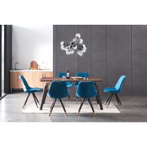Life Interiors - Cosmo Lux Sofia Dining Set - A Walnut Wooden Dining Table And Set Of 6 Blue Velvet Dining Chairs - Dining Room Kitchen