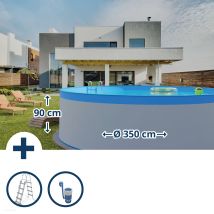 Stahlwandpool Set (3-teilig) Rund 350x90 Cm, Stahl 0,3 Mm Weiß, Folie 0,2 Mm Blau, Overlap