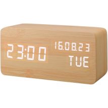 Sveglia A Led In Legno Artificiale, Orologio Digitale Con Attivazione Sonora, Visualizzazione Temperatura/umidità/calendario, Luminosità, 