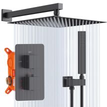 Homelody - Columna De Ducha Termostática Empotrada Negra Con Rociador De Lluvia Grande, Kit De Ducha De Pared, Cuerpo De Latón Resistente