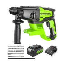 Martillo Perforador Rotativo Sin Escobillas Greenworks De 24 V Con Sistema Sds - 2 Julios - Batería De 4,0 Ah Y Cargado