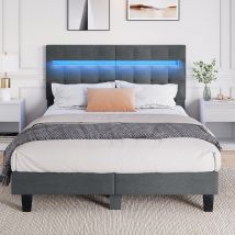 Lit 180x200 Cm Havenlyhome, Lit En Lin Avec Tête De Lit Et Led, Lit Double Avec Sommier À Lattes, Lit Adulte Pour 2 Personnes, Gris