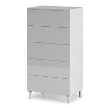 Cómoda 5 Cajones con Patas – Tablero de partículas melaminizado – Color Blanco Brillo – Dimensiones: 117x61x40 cm